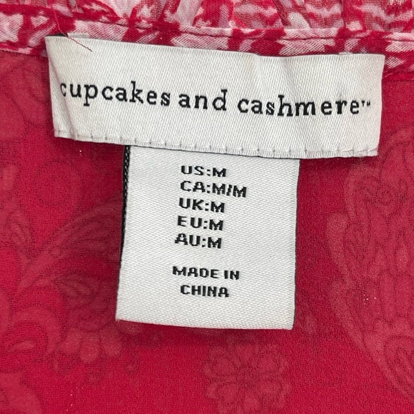 Cupcakes & Cashmere Blouse Paisley Top Red Puff Sleeve Tie Neck Blouse Sz Medium - Picture 2 of 7